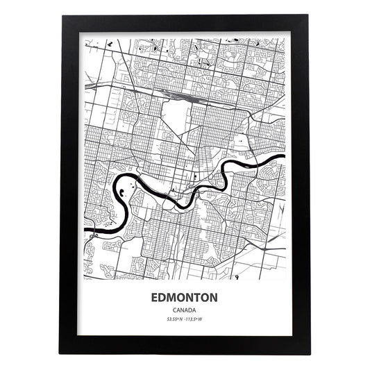 Poster con mapa de Edmonton - Canada. Láminas de ciudades de Canada con mares y ríos en color negro.-Artwork-Nacnic-A4-Marco Negro-Nacnic Estudio SL