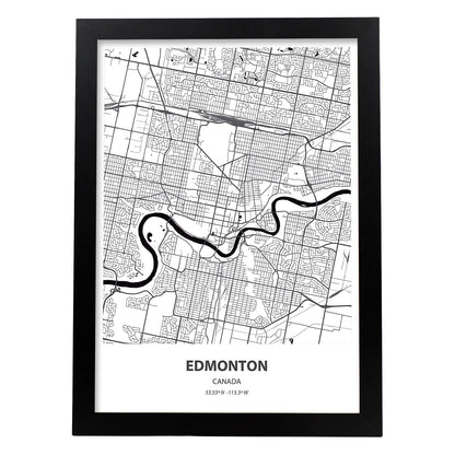 Poster con mapa de Edmonton - Canada. Láminas de ciudades de Canada con mares y ríos en color negro.-Artwork-Nacnic-A4-Marco Negro-Nacnic Estudio SL
