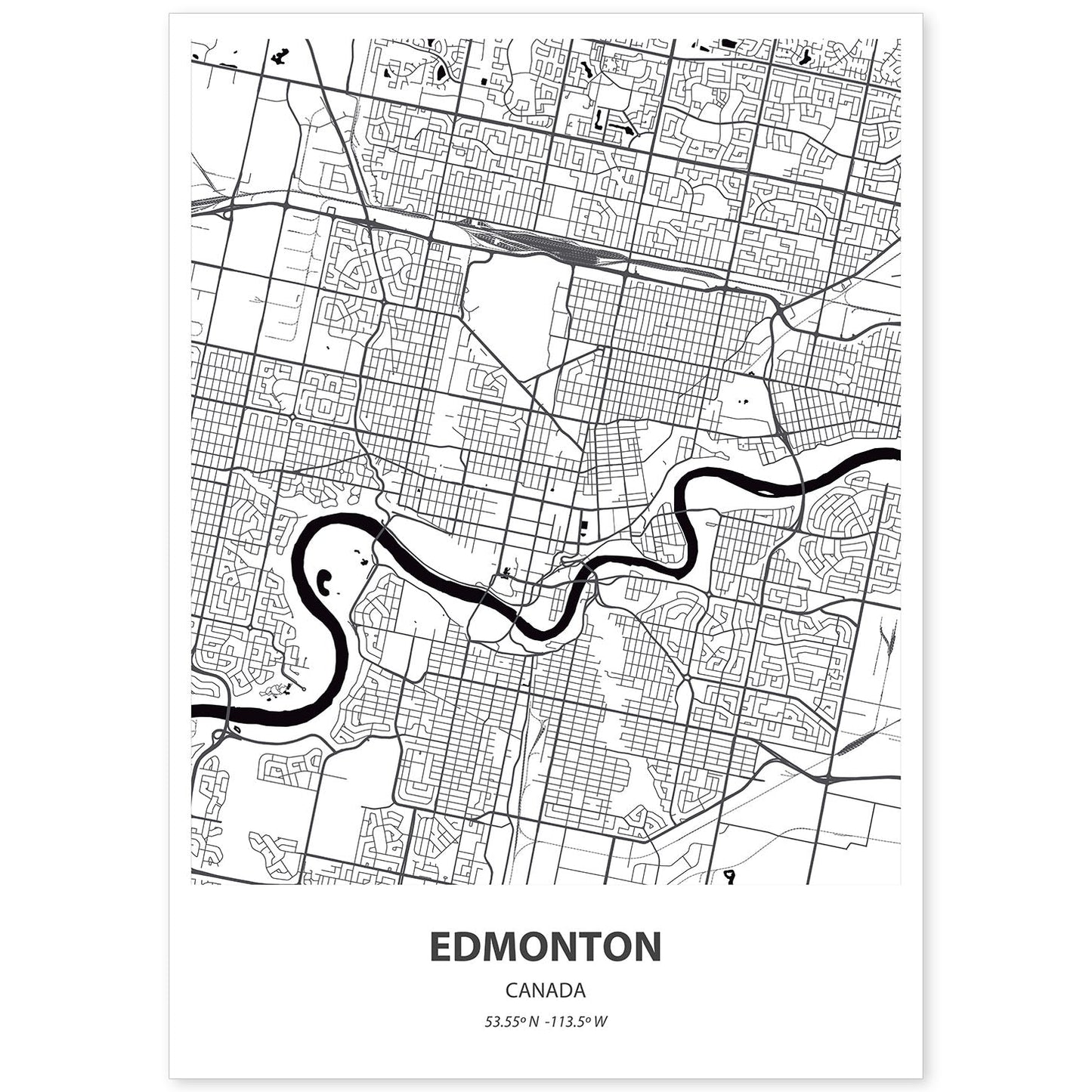 Poster con mapa de Edmonton - Canada. Láminas de ciudades de Canada con mares y ríos en color negro.-Artwork-Nacnic-A4-Sin marco-Nacnic Estudio SL