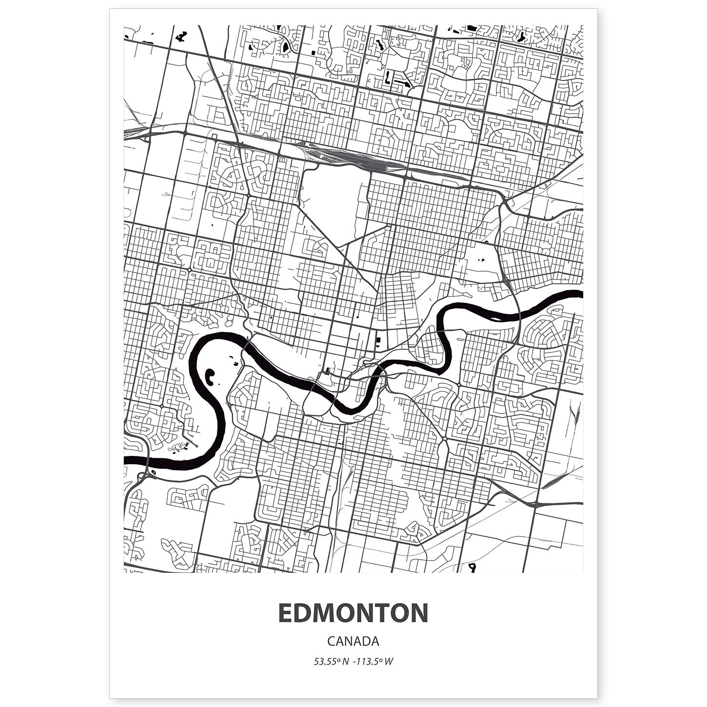 Poster con mapa de Edmonton - Canada. Láminas de ciudades de Canada con mares y ríos en color negro.-Artwork-Nacnic-A4-Sin marco-Nacnic Estudio SL
