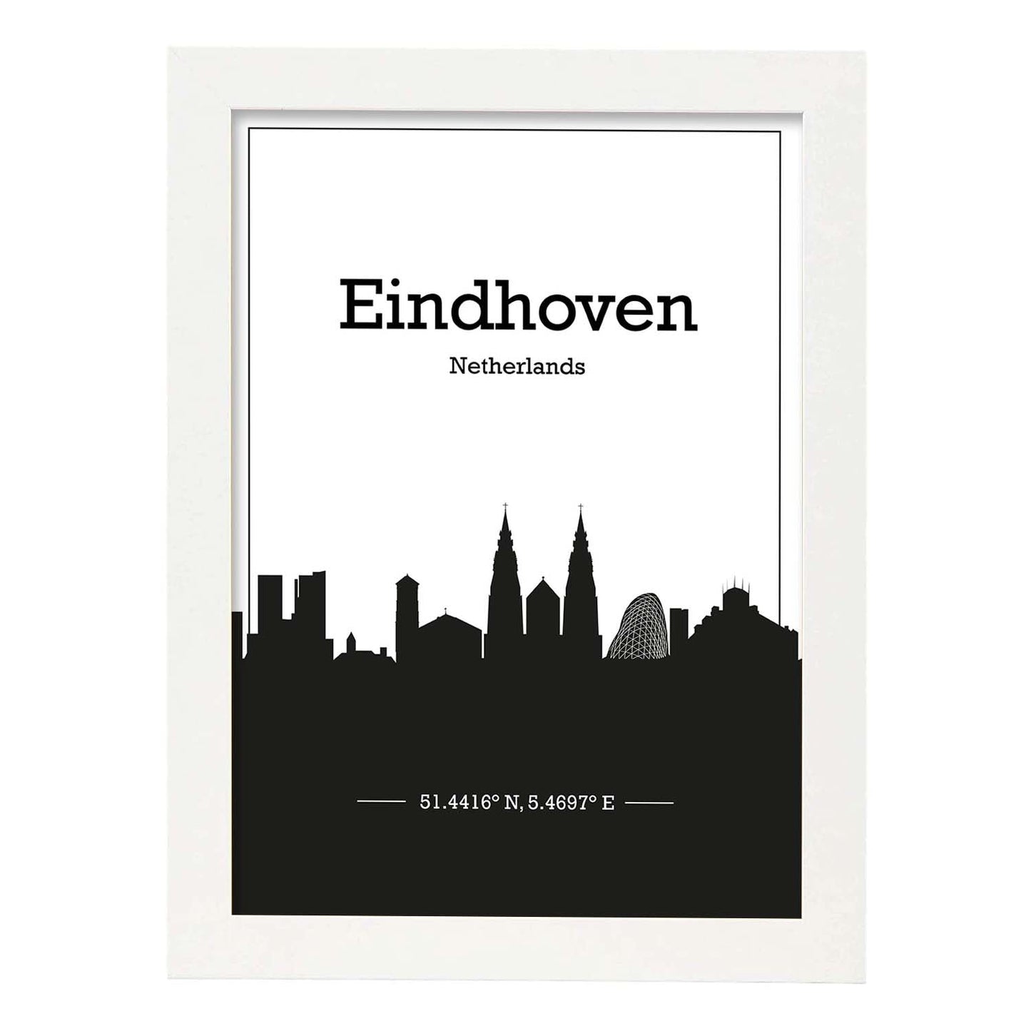 Poster con mapa de Eindhoven - Holanda. Láminas con Skyline de ciudades de Europa con sombra negra.-Artwork-Nacnic-A3-Marco Blanco-Nacnic Estudio SL