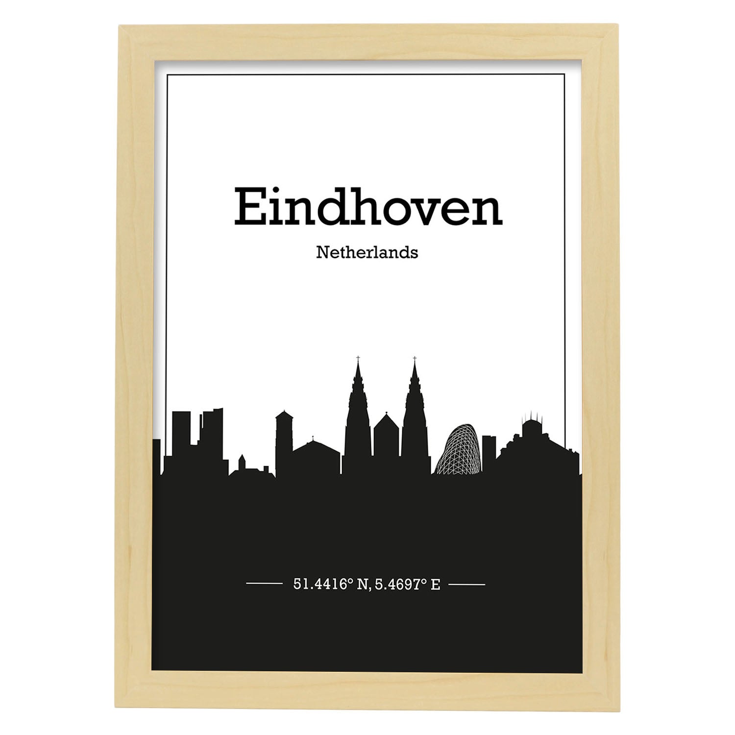 Poster con mapa de Eindhoven - Holanda. Láminas con Skyline de ciudades de Europa con sombra negra.-Artwork-Nacnic-A3-Marco Madera clara-Nacnic Estudio SL