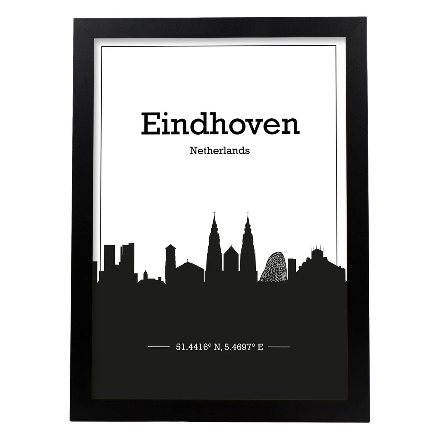 Poster con mapa de Eindhoven - Holanda. Láminas con Skyline de ciudades de Europa con sombra negra.-Artwork-Nacnic-A3-Marco Negro-Nacnic Estudio SL