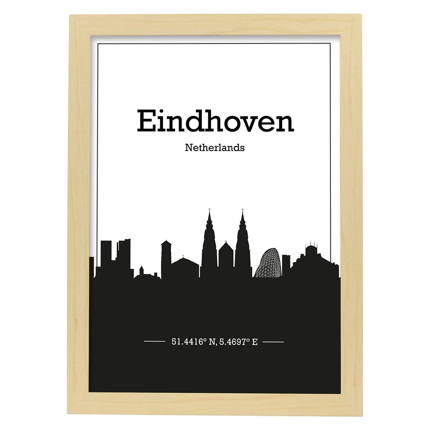 Poster con mapa de Eindhoven - Holanda. Láminas con Skyline de ciudades de Europa con sombra negra.-Artwork-Nacnic-A4-Marco Madera clara-Nacnic Estudio SL