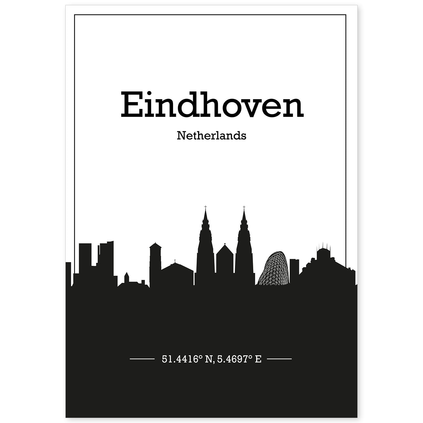 Poster con mapa de Eindhoven - Holanda. Láminas con Skyline de ciudades de Europa con sombra negra.-Artwork-Nacnic-A4-Sin marco-Nacnic Estudio SL