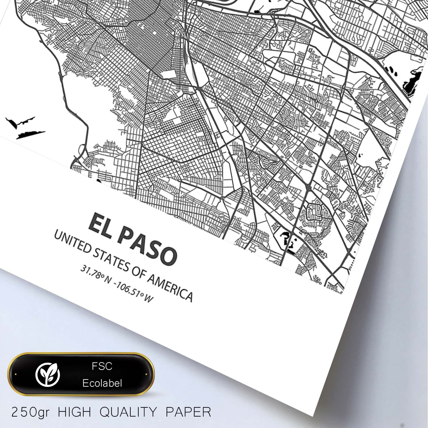 Poster con mapa de El Paso - USA. Láminas de ciudades de Estados Unidos con mares y ríos en color negro.-Artwork-Nacnic-Nacnic Estudio SL