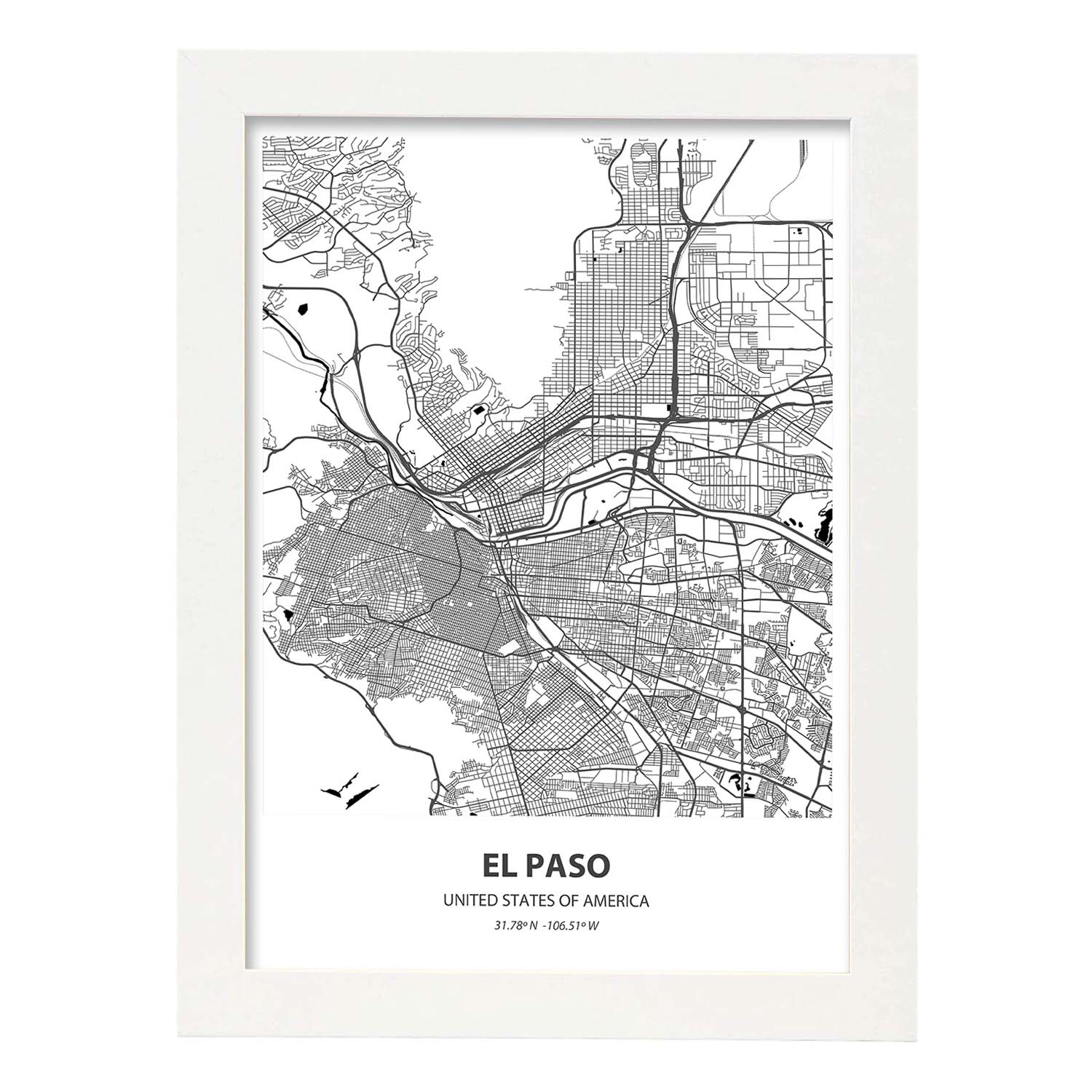 Poster con mapa de El Paso - USA. Láminas de ciudades de Estados Unidos con mares y ríos en color negro.-Artwork-Nacnic-A3-Marco Blanco-Nacnic Estudio SL