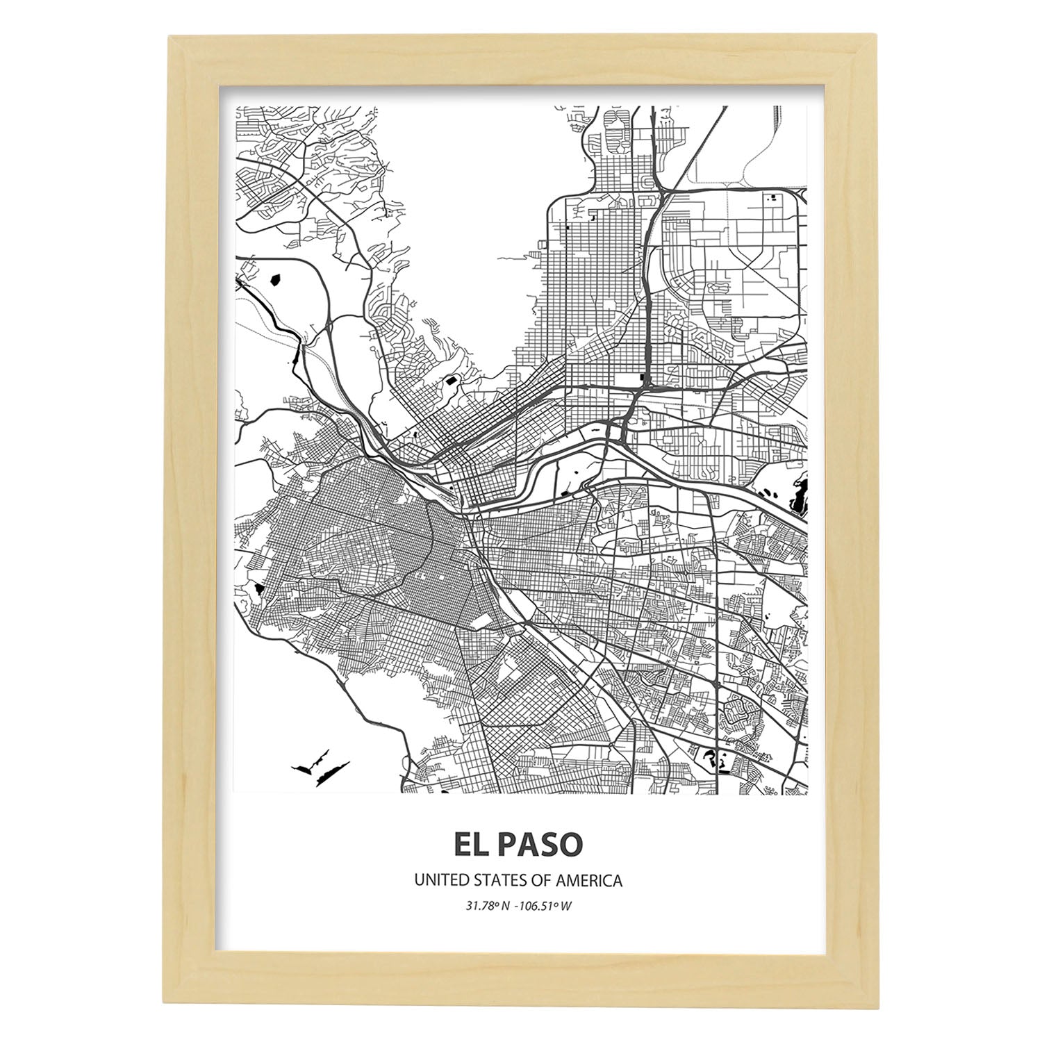 Poster con mapa de El Paso - USA. Láminas de ciudades de Estados Unidos con mares y ríos en color negro.-Artwork-Nacnic-A3-Marco Madera clara-Nacnic Estudio SL