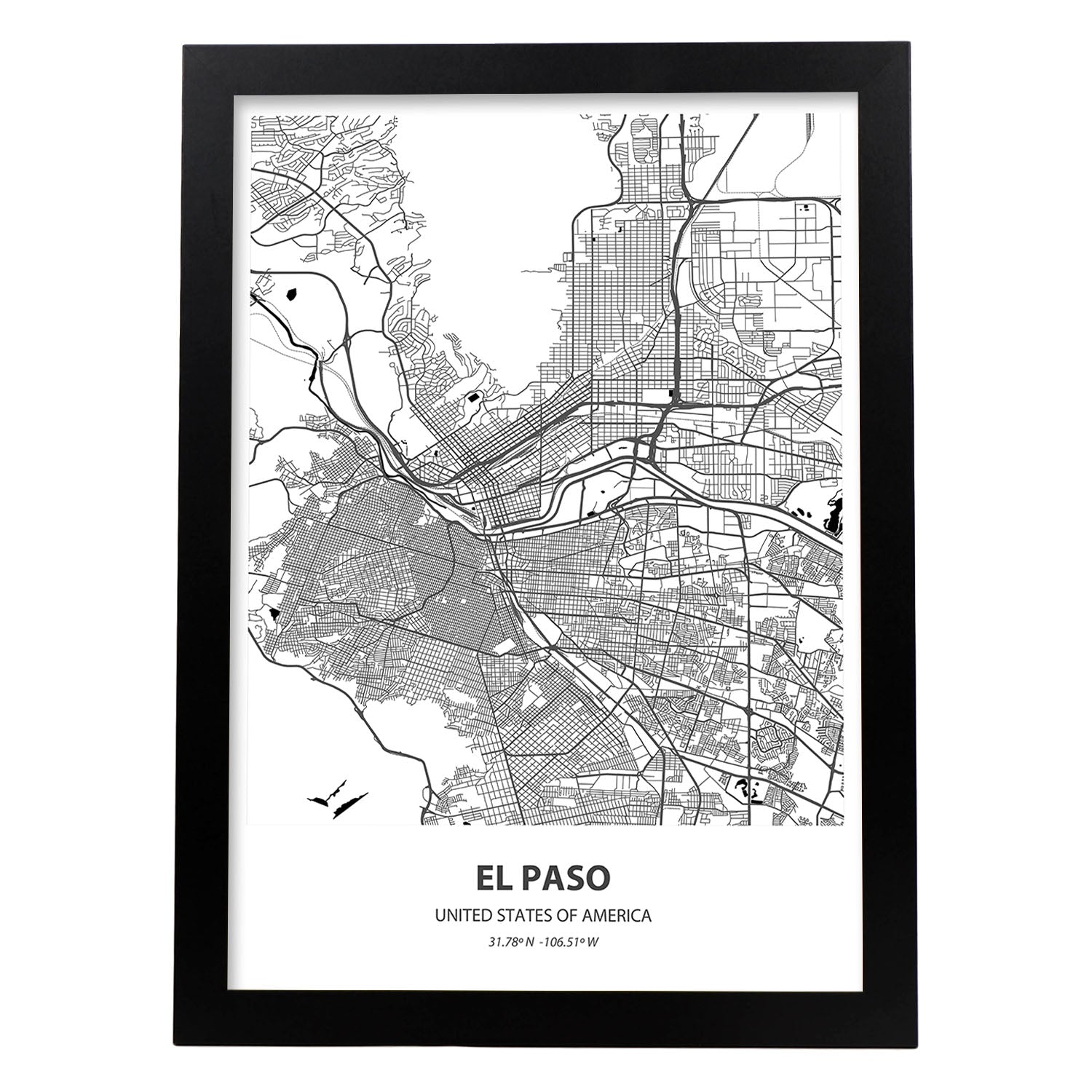 Poster con mapa de El Paso - USA. Láminas de ciudades de Estados Unidos con mares y ríos en color negro.-Artwork-Nacnic-A3-Marco Negro-Nacnic Estudio SL
