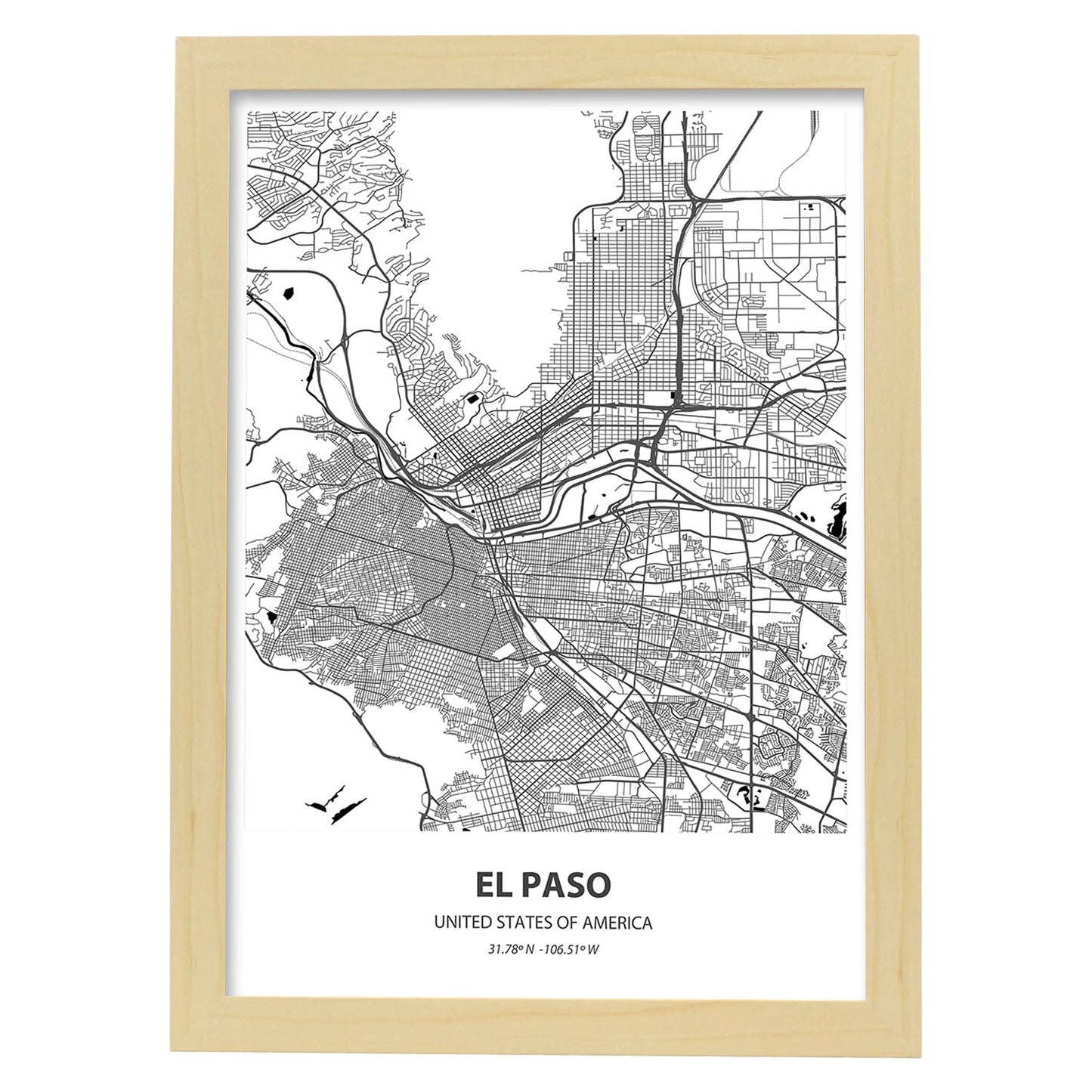 Poster con mapa de El Paso - USA. Láminas de ciudades de Estados Unidos con mares y ríos en color negro.-Artwork-Nacnic-A4-Marco Madera clara-Nacnic Estudio SL