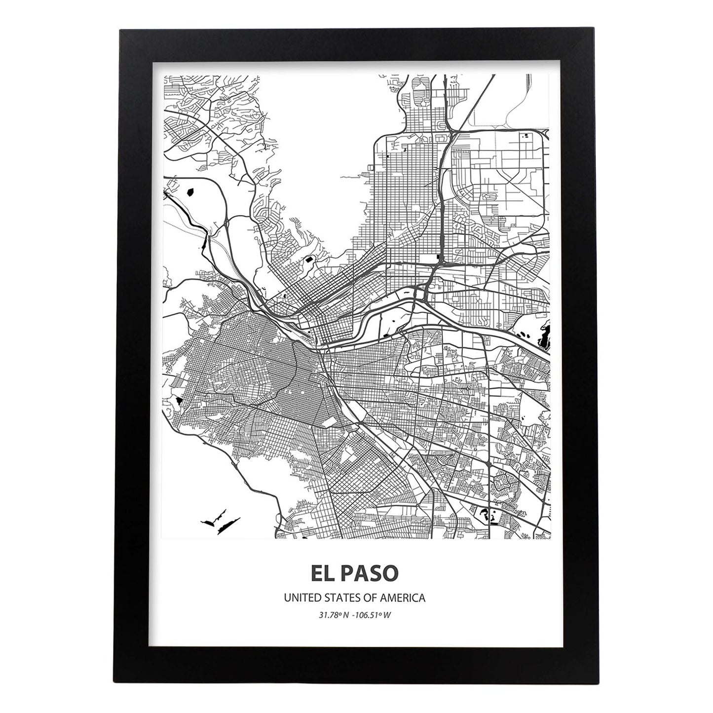 Poster con mapa de El Paso - USA. Láminas de ciudades de Estados Unidos con mares y ríos en color negro.-Artwork-Nacnic-A4-Marco Negro-Nacnic Estudio SL