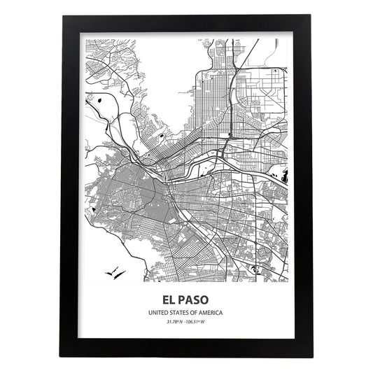 Poster con mapa de El Paso - USA. Láminas de ciudades de Estados Unidos con mares y ríos en color negro.-Artwork-Nacnic-A4-Marco Negro-Nacnic Estudio SL
