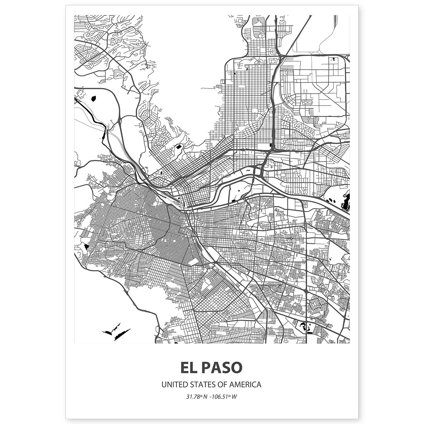 Poster con mapa de El Paso - USA. Láminas de ciudades de Estados Unidos con mares y ríos en color negro.-Artwork-Nacnic-A4-Sin marco-Nacnic Estudio SL