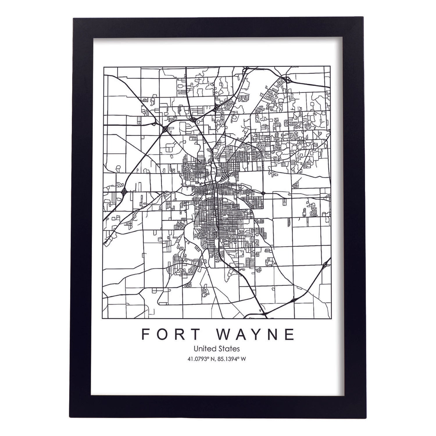 Poster con mapa de Fort Wayne. Lámina de Estados Unidos, con imágenes de mapas y carreteras-Artwork-Nacnic-A4-Marco Negro-Nacnic Estudio SL