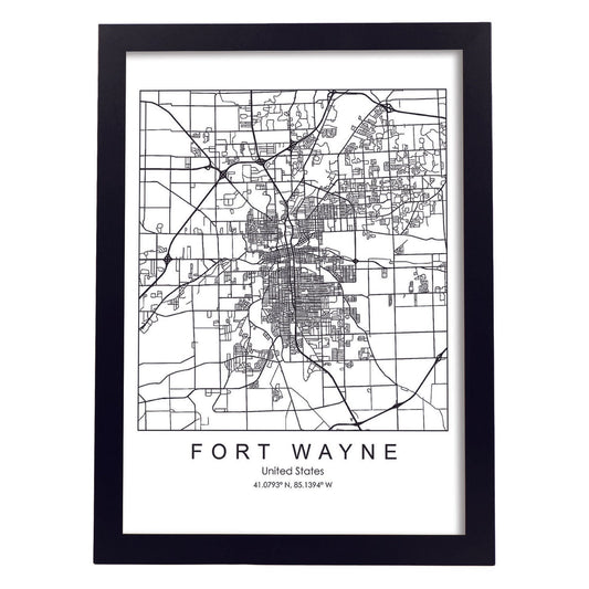 Poster con mapa de Fort Wayne. Lámina de Estados Unidos, con imágenes de mapas y carreteras-Artwork-Nacnic-A4-Marco Negro-Nacnic Estudio SL