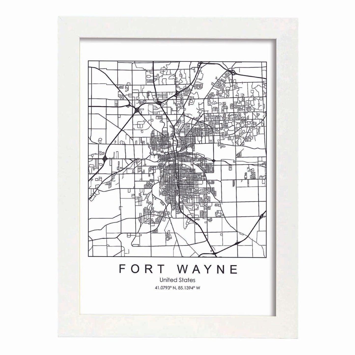 Poster con mapa de Fort Wayne. Lámina de Estados Unidos, con imágenes de mapas y carreteras-Artwork-Nacnic-A3-Marco Blanco-Nacnic Estudio SL