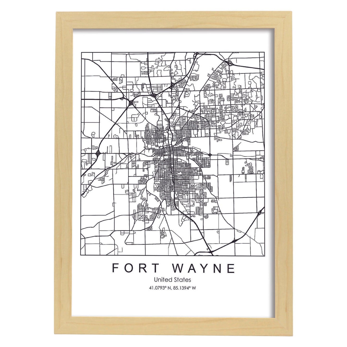 Poster con mapa de Fort Wayne. Lámina de Estados Unidos, con imágenes de mapas y carreteras-Artwork-Nacnic-A3-Marco Madera clara-Nacnic Estudio SL