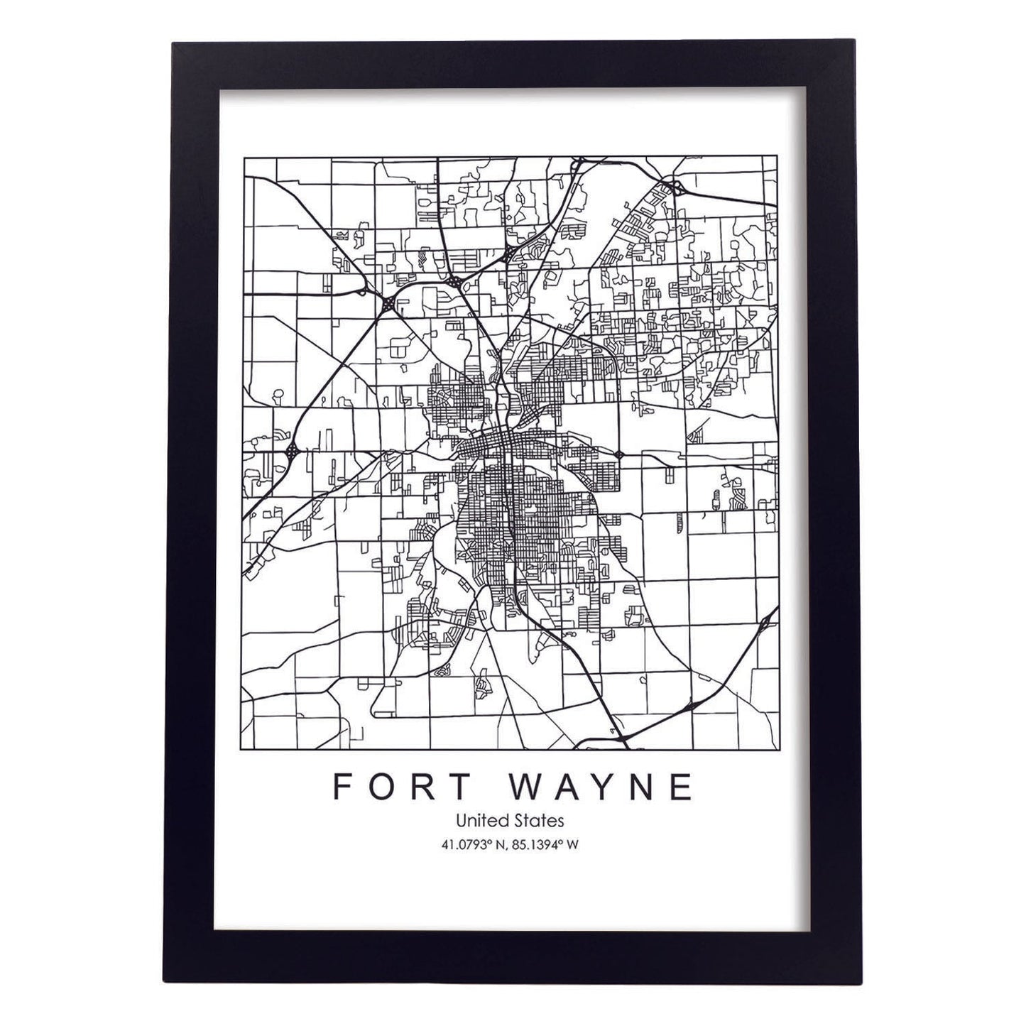 Poster con mapa de Fort Wayne. Lámina de Estados Unidos, con imágenes de mapas y carreteras-Artwork-Nacnic-A3-Marco Negro-Nacnic Estudio SL