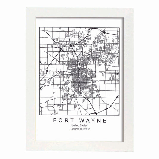 Poster con mapa de Fort Wayne. Lámina de Estados Unidos, con imágenes de mapas y carreteras-Artwork-Nacnic-A4-Marco Blanco-Nacnic Estudio SL