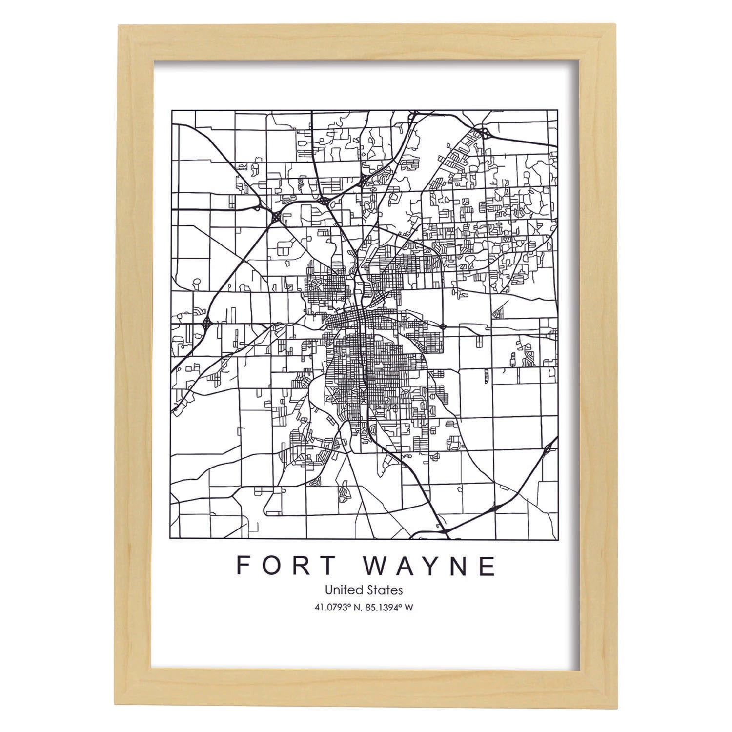 Poster con mapa de Fort Wayne. Lámina de Estados Unidos, con imágenes de mapas y carreteras-Artwork-Nacnic-A4-Marco Madera clara-Nacnic Estudio SL