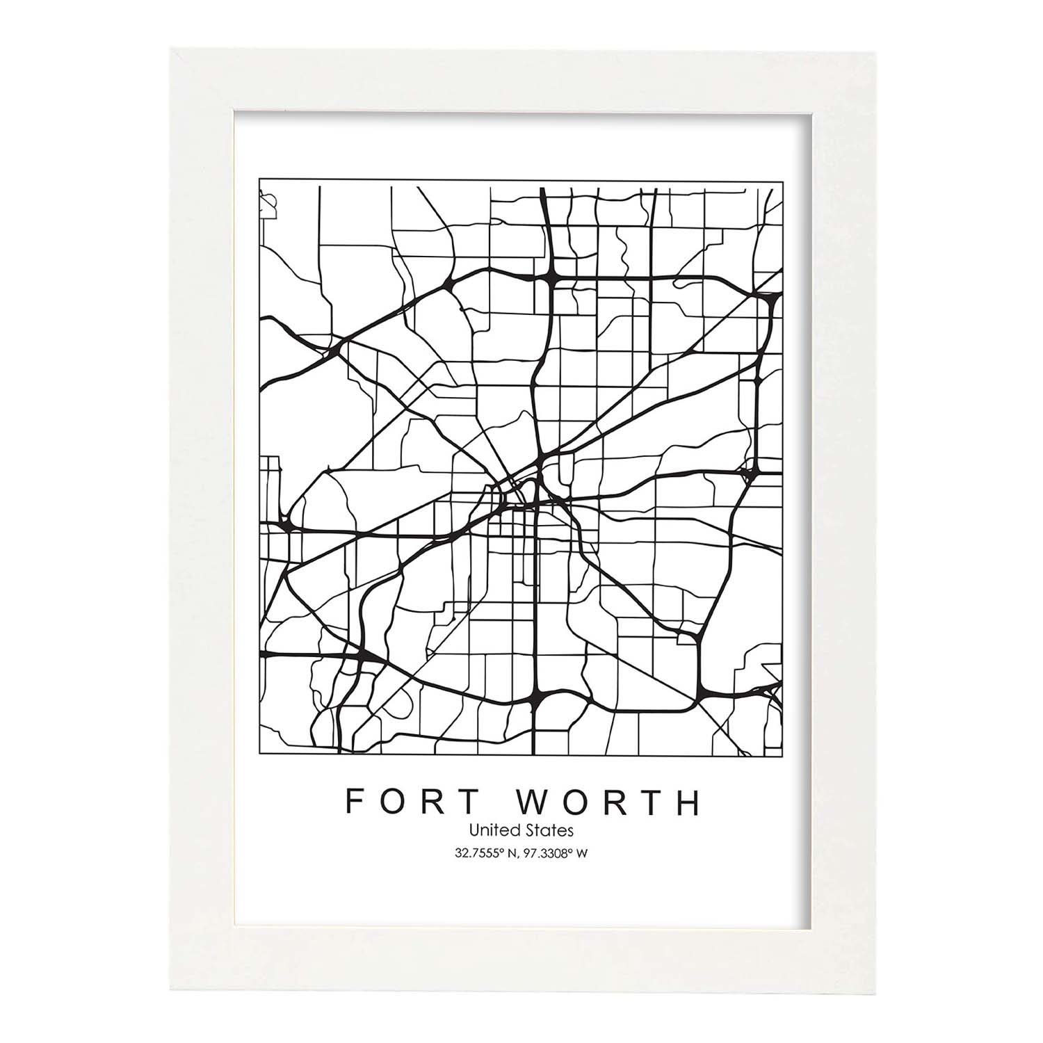 Poster con mapa de Fort Worth. Lámina de Estados Unidos, con imágenes de mapas y carreteras-Artwork-Nacnic-A3-Marco Blanco-Nacnic Estudio SL