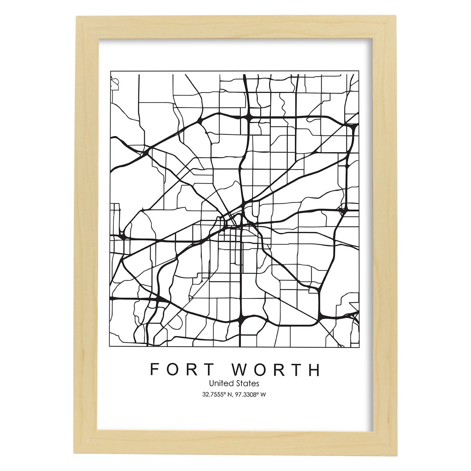 Poster con mapa de Fort Worth. Lámina de Estados Unidos, con imágenes de mapas y carreteras-Artwork-Nacnic-A3-Marco Madera clara-Nacnic Estudio SL