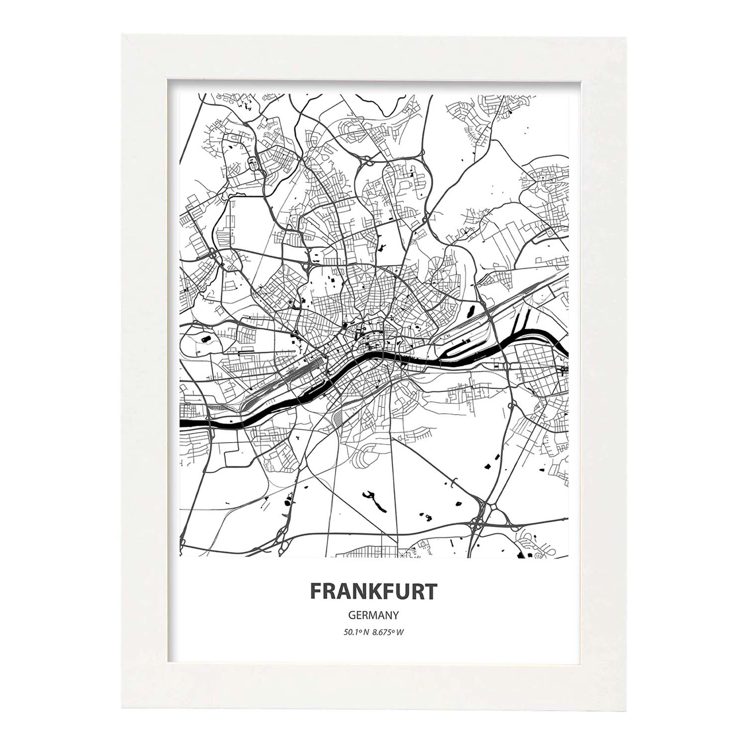 Poster con mapa de Frankfurt - Alemania. Láminas de ciudades de Alemania con mares y ríos en color negro.-Artwork-Nacnic-A3-Marco Blanco-Nacnic Estudio SL