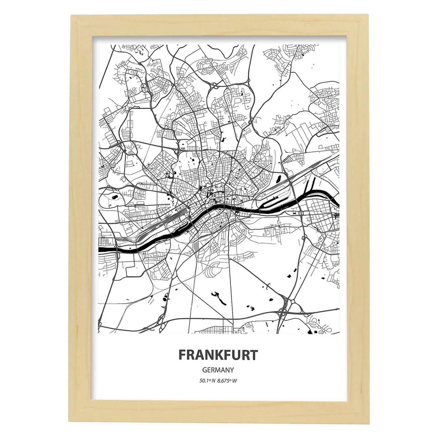 Poster con mapa de Frankfurt - Alemania. Láminas de ciudades de Alemania con mares y ríos en color negro.-Artwork-Nacnic-A3-Marco Madera clara-Nacnic Estudio SL