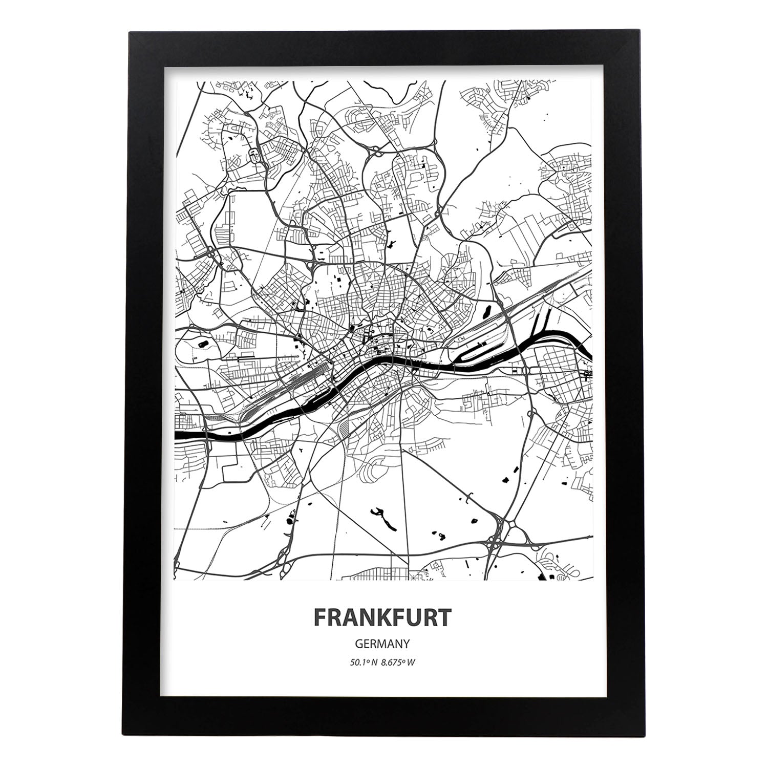 Poster con mapa de Frankfurt - Alemania. Láminas de ciudades de Alemania con mares y ríos en color negro.-Artwork-Nacnic-A3-Marco Negro-Nacnic Estudio SL