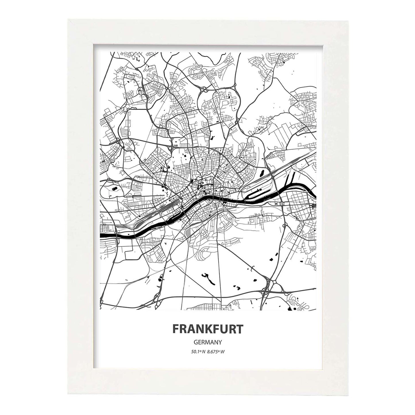 Poster con mapa de Frankfurt - Alemania. Láminas de ciudades de Alemania con mares y ríos en color negro.-Artwork-Nacnic-A4-Marco Blanco-Nacnic Estudio SL