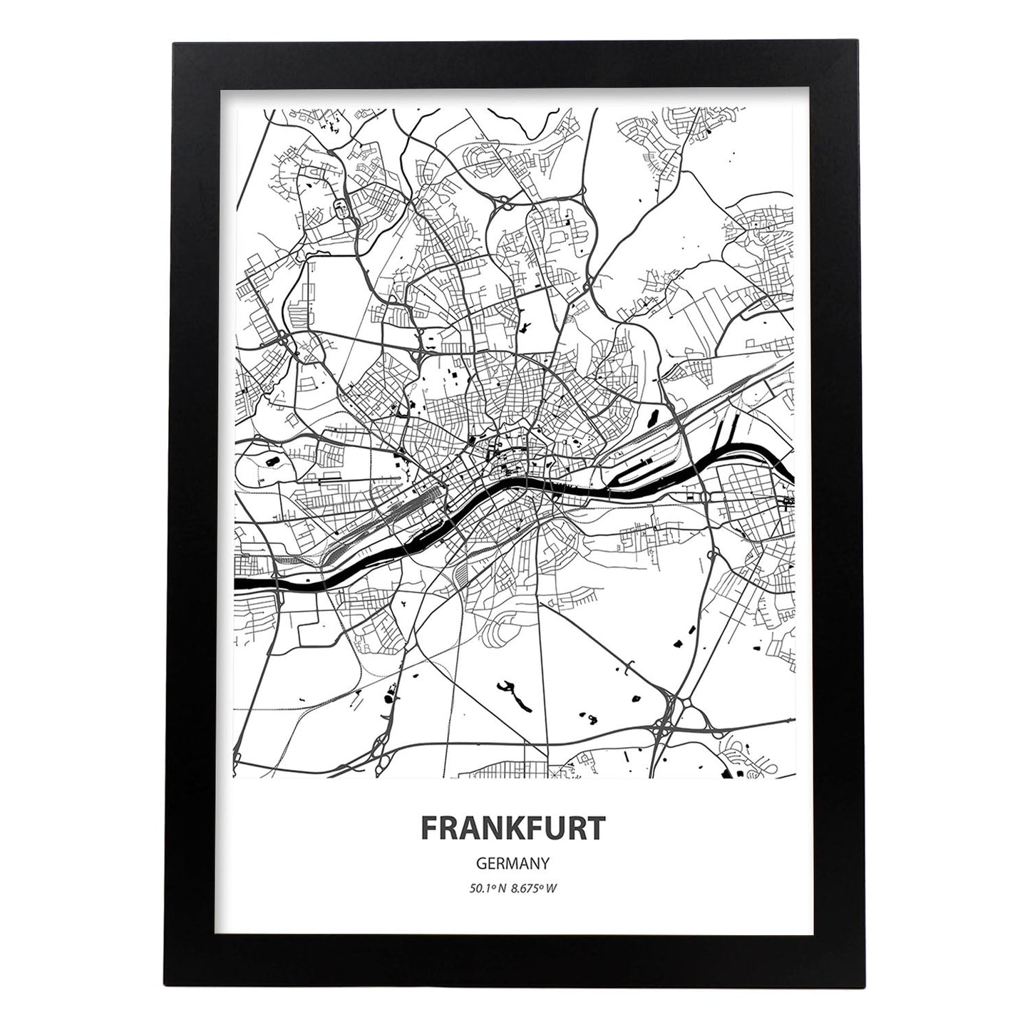 Poster con mapa de Frankfurt - Alemania. Láminas de ciudades de Alemania con mares y ríos en color negro.-Artwork-Nacnic-A4-Marco Negro-Nacnic Estudio SL
