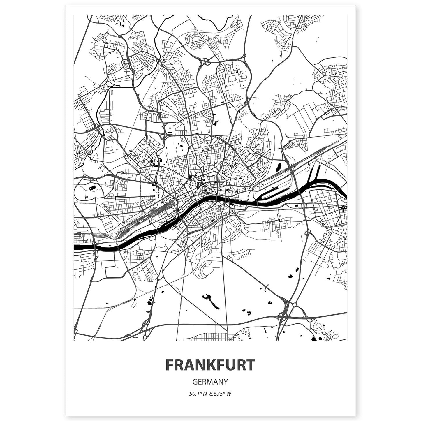 Poster con mapa de Frankfurt - Alemania. Láminas de ciudades de Alemania con mares y ríos en color negro.-Artwork-Nacnic-A4-Sin marco-Nacnic Estudio SL
