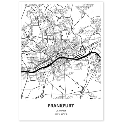 Poster con mapa de Frankfurt - Alemania. Láminas de ciudades de Alemania con mares y ríos en color negro.-Artwork-Nacnic-A4-Sin marco-Nacnic Estudio SL
