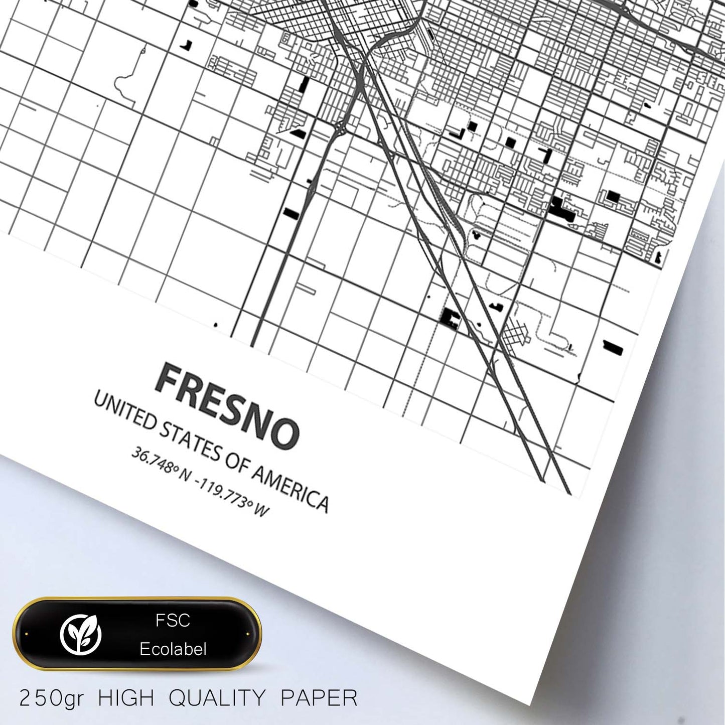 Poster con mapa de Fresno - USA. Láminas de ciudades de Estados Unidos con mares y ríos en color negro.-Artwork-Nacnic-Nacnic Estudio SL