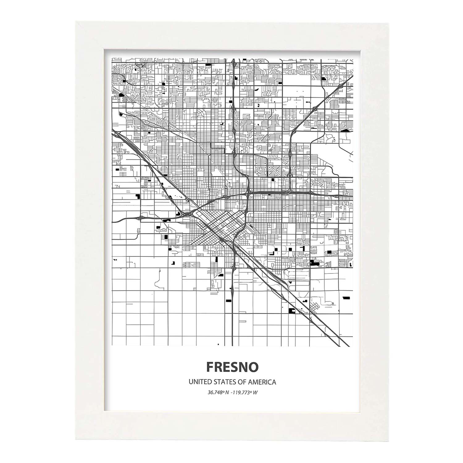 Poster con mapa de Fresno - USA. Láminas de ciudades de Estados Unidos con mares y ríos en color negro.-Artwork-Nacnic-A3-Marco Blanco-Nacnic Estudio SL
