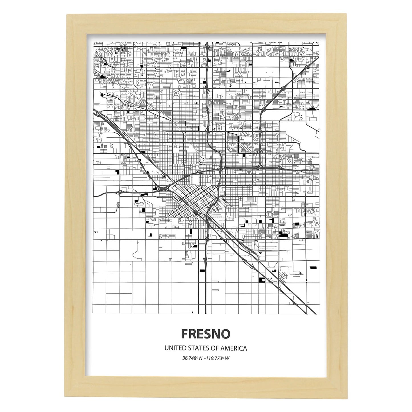 Poster con mapa de Fresno - USA. Láminas de ciudades de Estados Unidos con mares y ríos en color negro.-Artwork-Nacnic-A3-Marco Madera clara-Nacnic Estudio SL