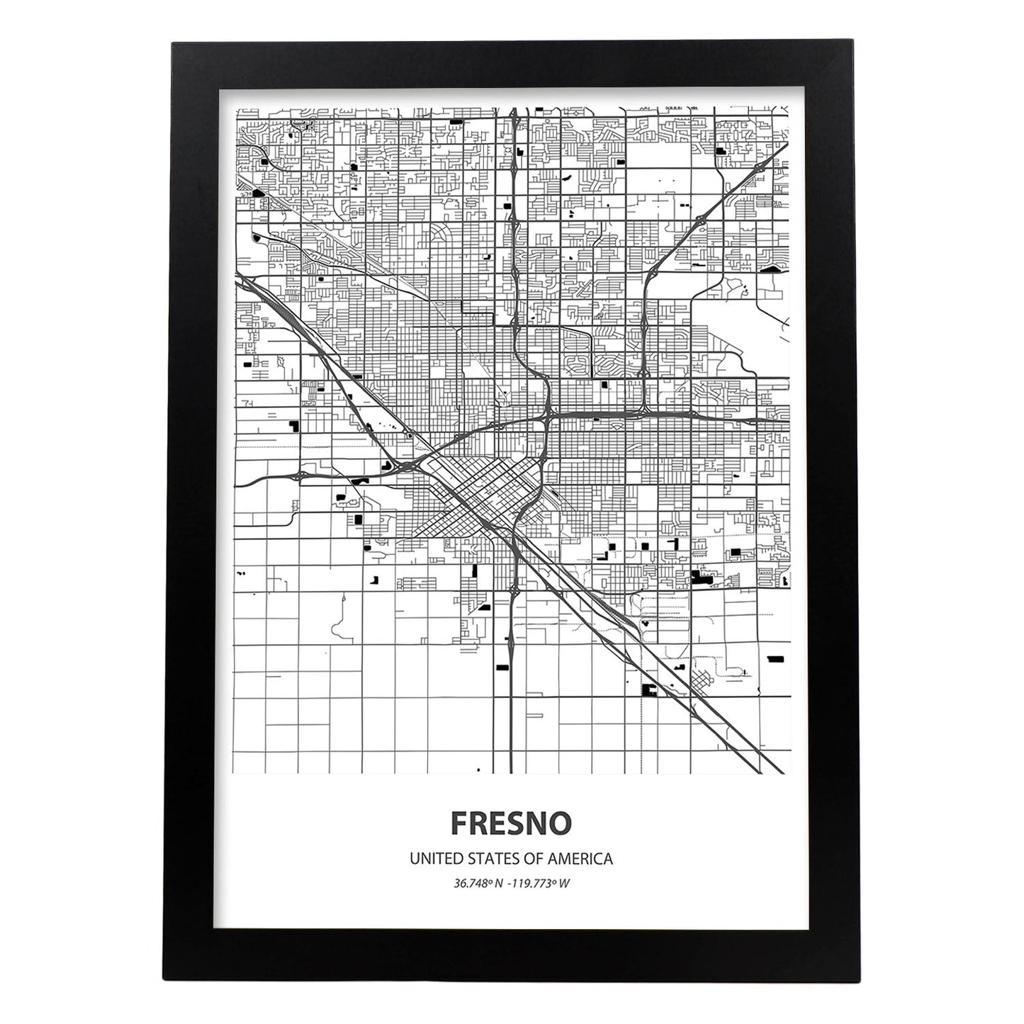 Poster con mapa de Fresno - USA. Láminas de ciudades de Estados Unidos con mares y ríos en color negro.-Artwork-Nacnic-A3-Marco Negro-Nacnic Estudio SL