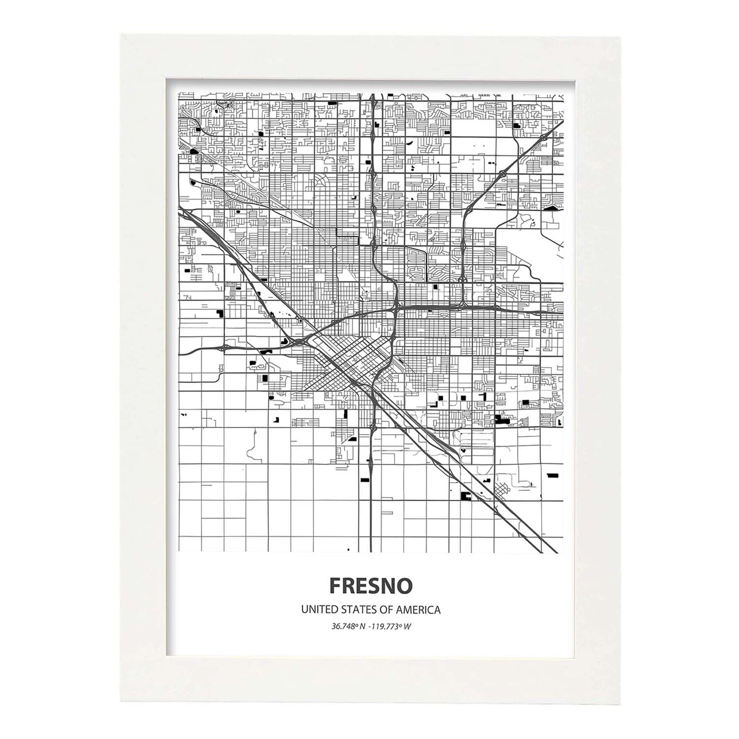 Poster con mapa de Fresno - USA. Láminas de ciudades de Estados Unidos con mares y ríos en color negro.-Artwork-Nacnic-A4-Marco Blanco-Nacnic Estudio SL