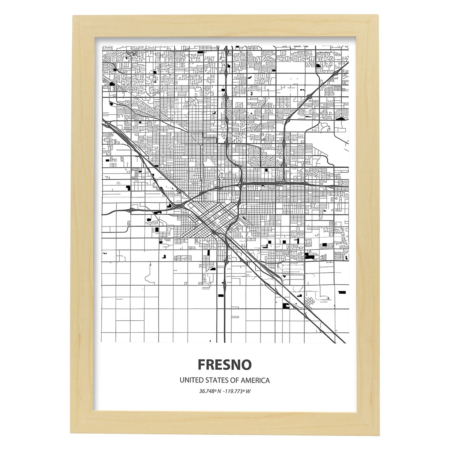 Poster con mapa de Fresno - USA. Láminas de ciudades de Estados Unidos con mares y ríos en color negro.-Artwork-Nacnic-A4-Marco Madera clara-Nacnic Estudio SL