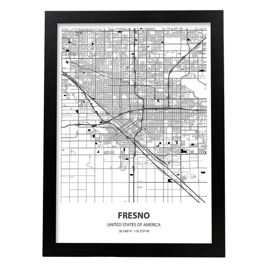Poster con mapa de Fresno - USA. Láminas de ciudades de Estados Unidos con mares y ríos en color negro.-Artwork-Nacnic-A4-Marco Negro-Nacnic Estudio SL