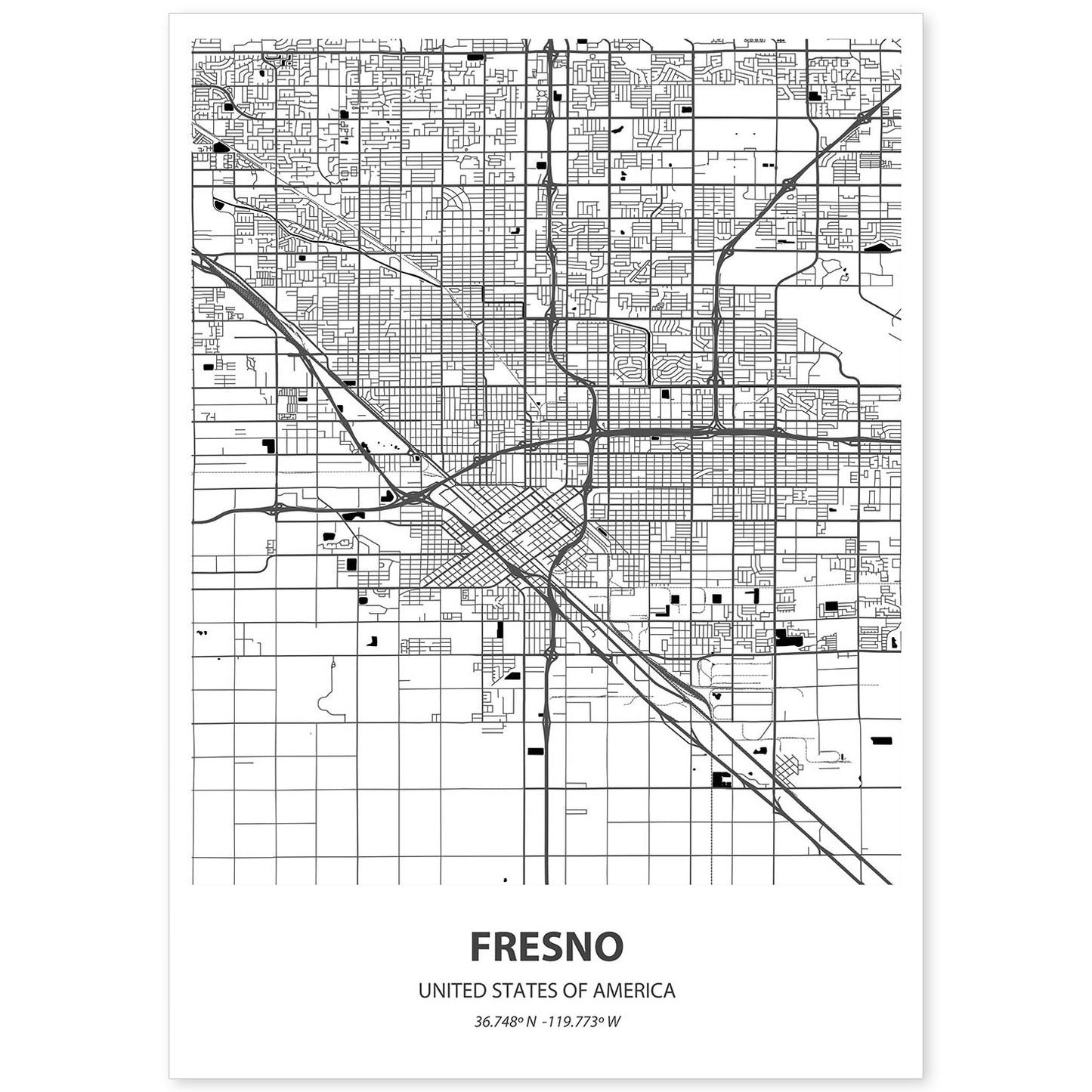 Poster con mapa de Fresno - USA. Láminas de ciudades de Estados Unidos con mares y ríos en color negro.-Artwork-Nacnic-A4-Sin marco-Nacnic Estudio SL