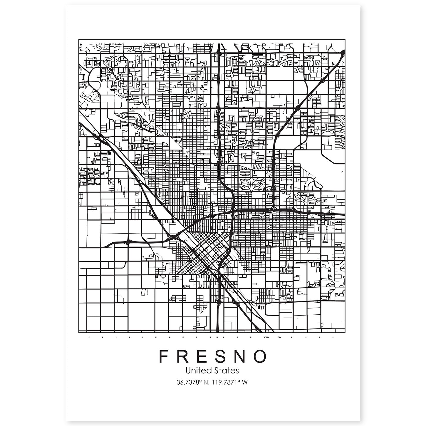 Poster con mapa de Fresno. Lámina de Estados Unidos, con imágenes de mapas y carreteras-Artwork-Nacnic-A4-Sin marco-Nacnic Estudio SL