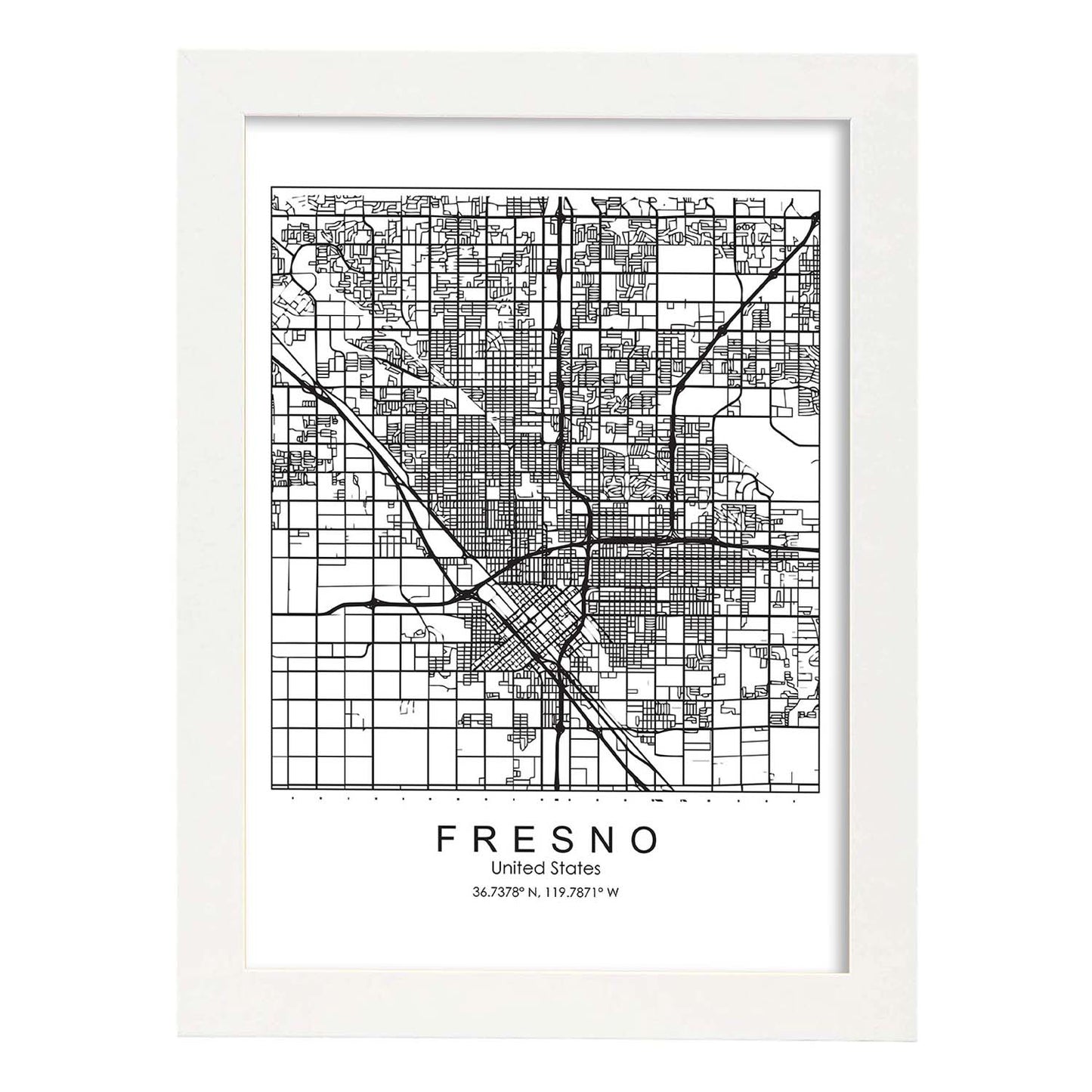 Poster con mapa de Fresno. Lámina de Estados Unidos, con imágenes de mapas y carreteras-Artwork-Nacnic-A3-Marco Blanco-Nacnic Estudio SL