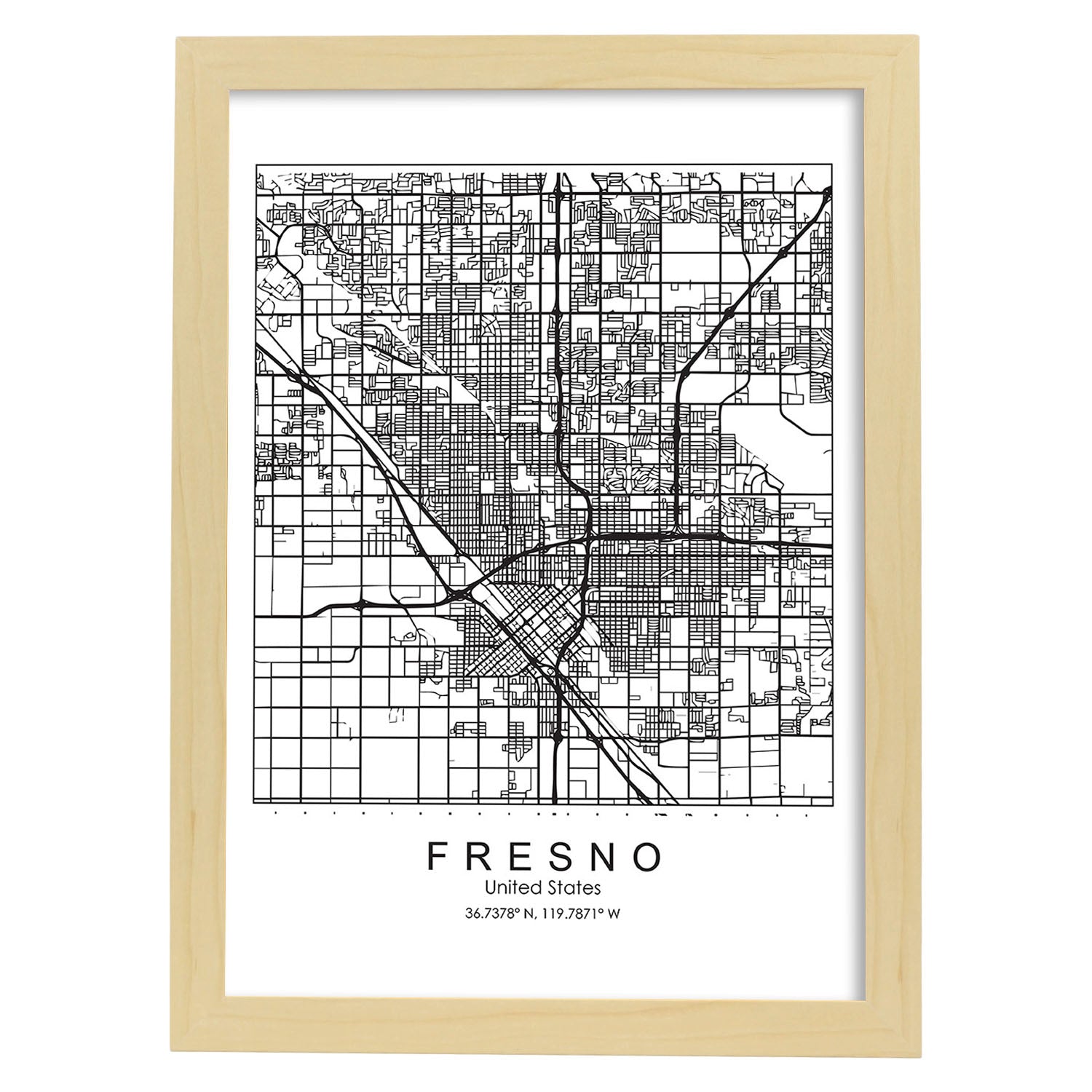 Poster con mapa de Fresno. Lámina de Estados Unidos, con imágenes de mapas y carreteras-Artwork-Nacnic-A3-Marco Madera clara-Nacnic Estudio SL