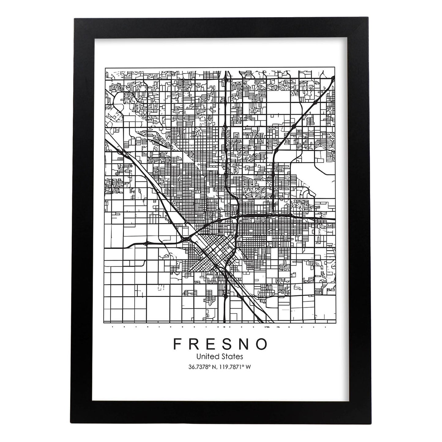 Poster con mapa de Fresno. Lámina de Estados Unidos, con imágenes de mapas y carreteras-Artwork-Nacnic-A3-Marco Negro-Nacnic Estudio SL