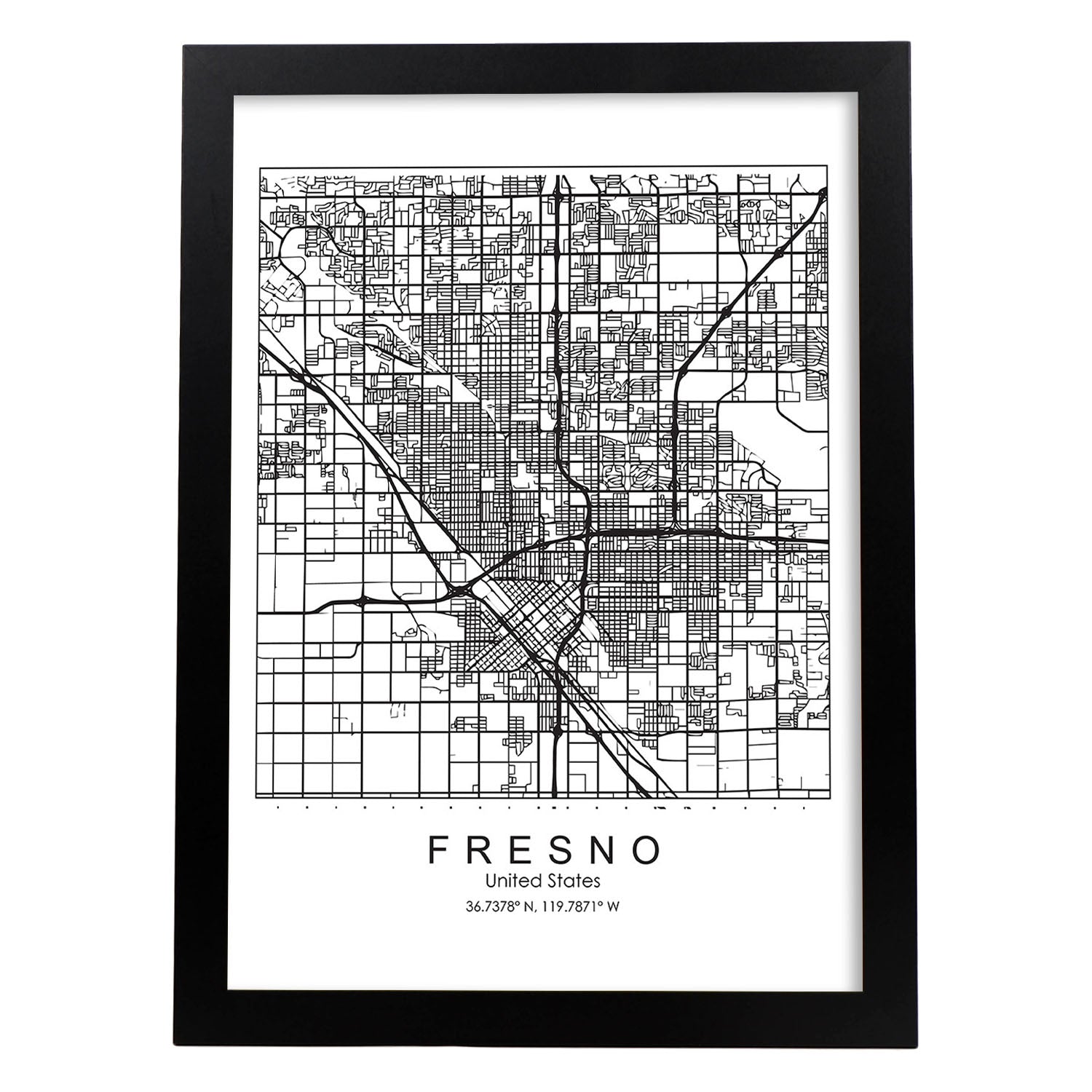 Poster con mapa de Fresno. Lámina de Estados Unidos, con imágenes de mapas y carreteras-Artwork-Nacnic-A3-Marco Negro-Nacnic Estudio SL