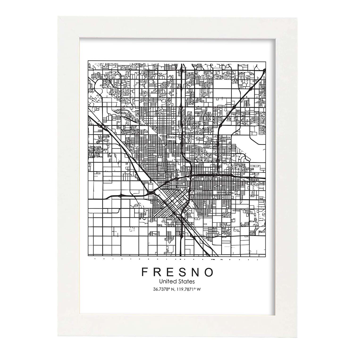 Poster con mapa de Fresno. Lámina de Estados Unidos, con imágenes de mapas y carreteras-Artwork-Nacnic-A4-Marco Blanco-Nacnic Estudio SL
