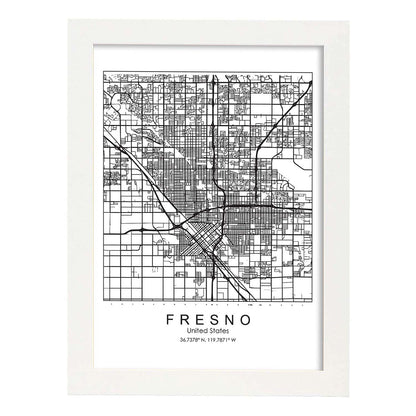Poster con mapa de Fresno. Lámina de Estados Unidos, con imágenes de mapas y carreteras-Artwork-Nacnic-A4-Marco Blanco-Nacnic Estudio SL