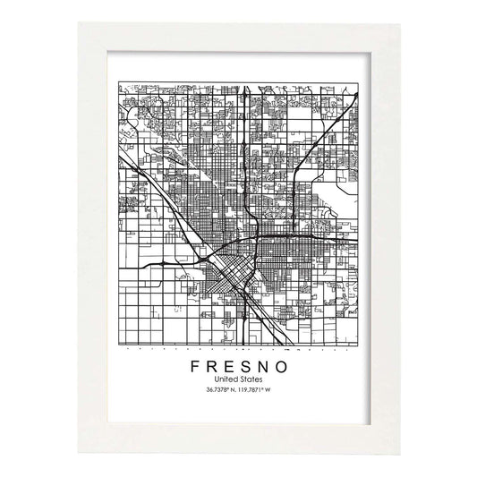 Poster con mapa de Fresno. Lámina de Estados Unidos, con imágenes de mapas y carreteras-Artwork-Nacnic-A4-Marco Blanco-Nacnic Estudio SL