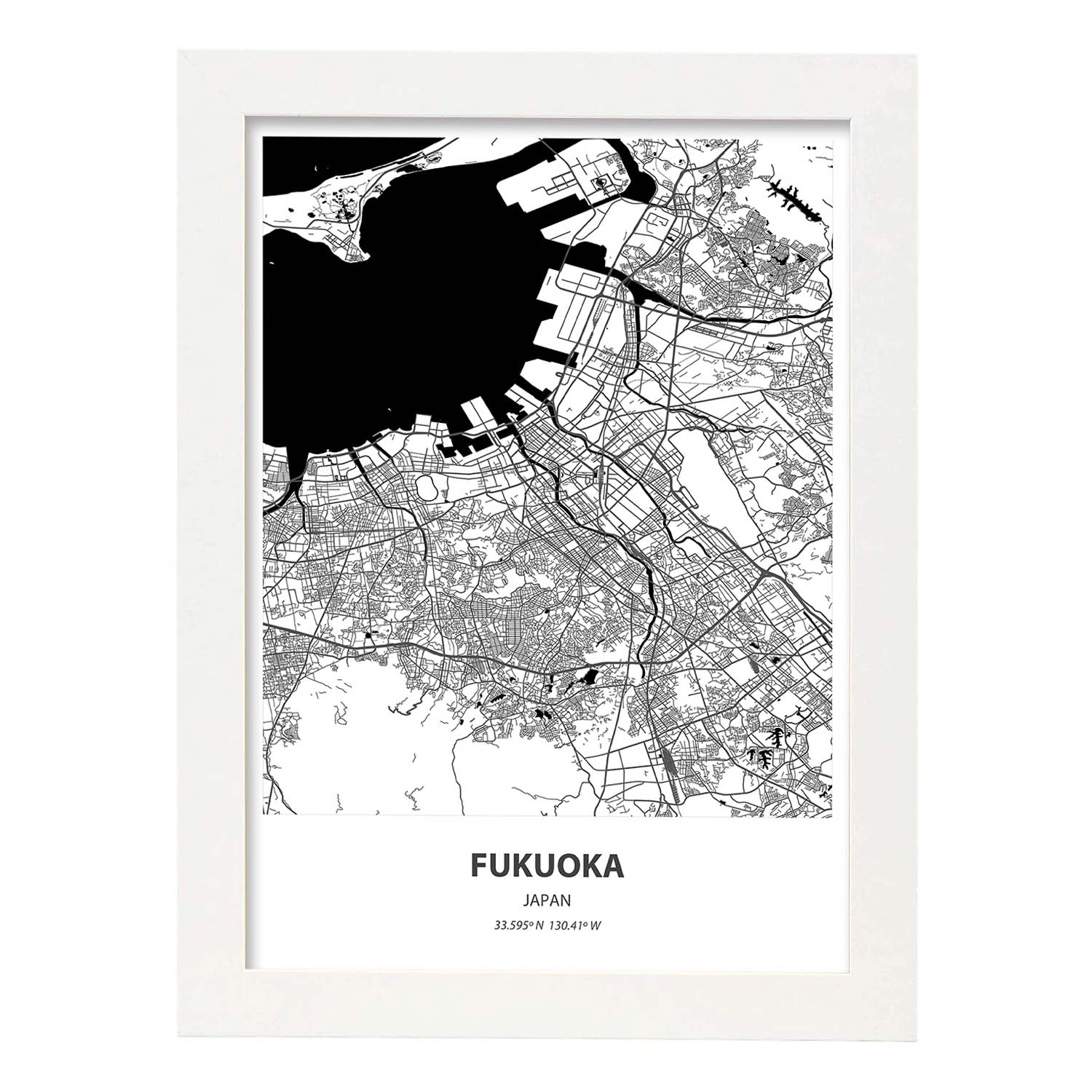 Poster con mapa de Fukuoka - Japon. Láminas de ciudades de Asia con mares y ríos en color negro.-Artwork-Nacnic-A3-Marco Blanco-Nacnic Estudio SL